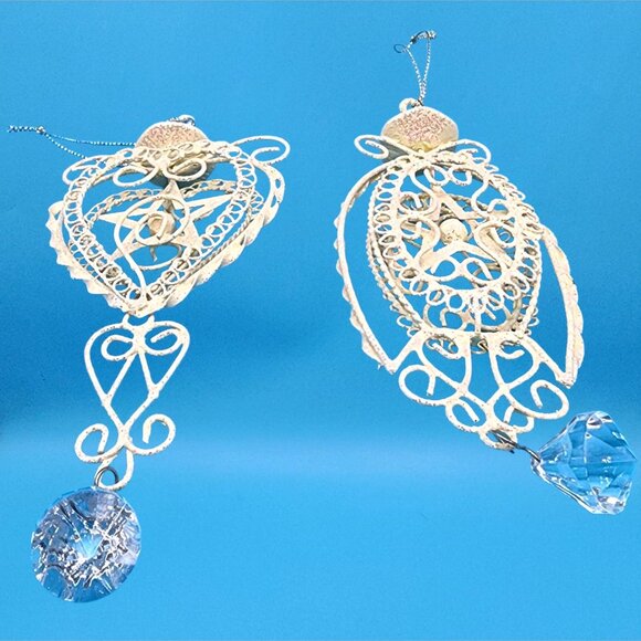 Christmas Ornaments White Glittered Metal Teardrop & Heart Filigree Holiday Set - Picture 4 of 8